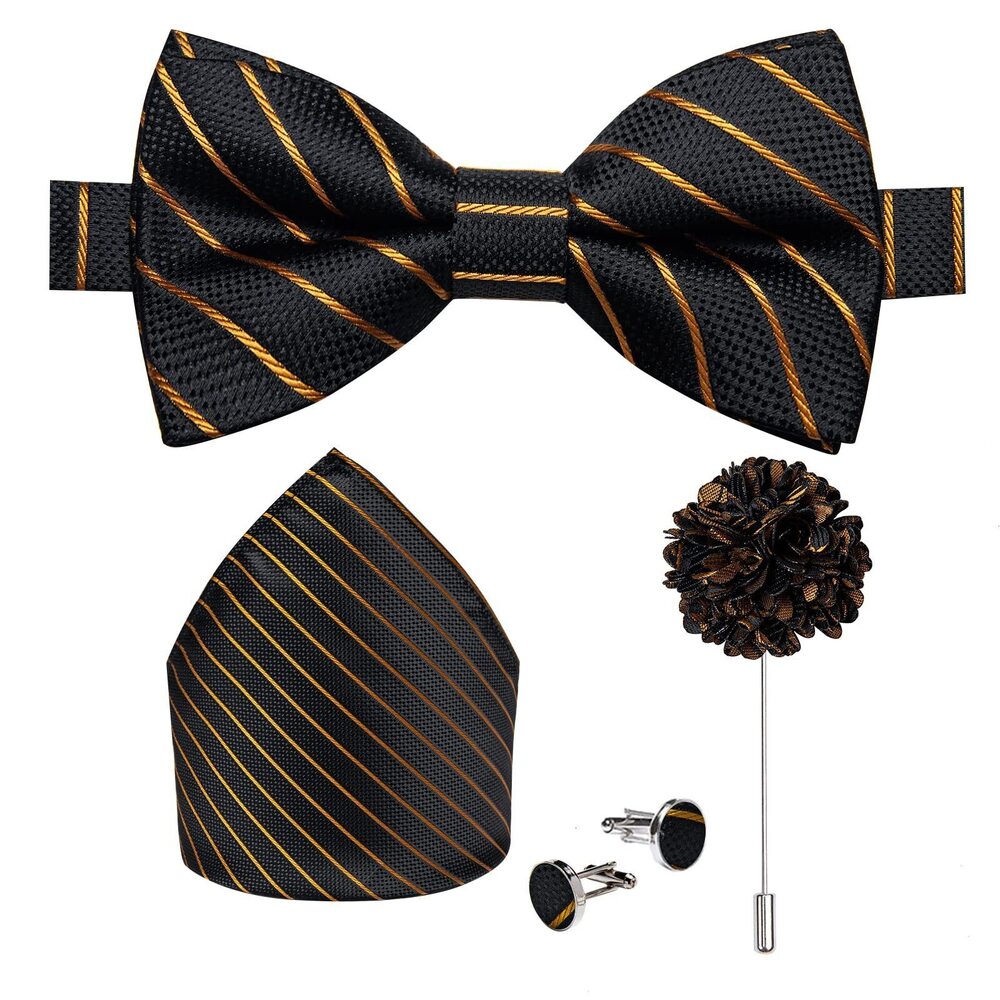 4724 Black Gold Bow Ties Striped Silk Adjustable Pretied Bow Tie and Pocket